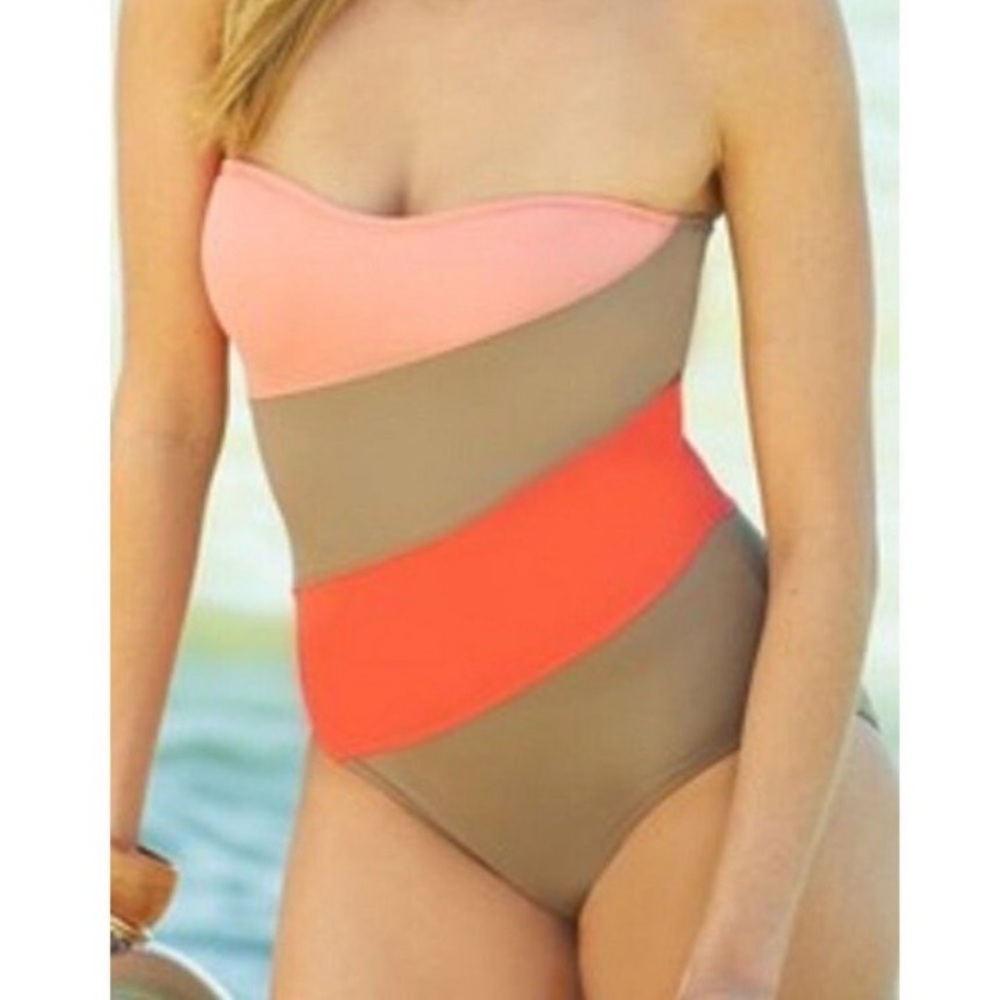 Anne Cole Color block strapless one piece swimsuit
